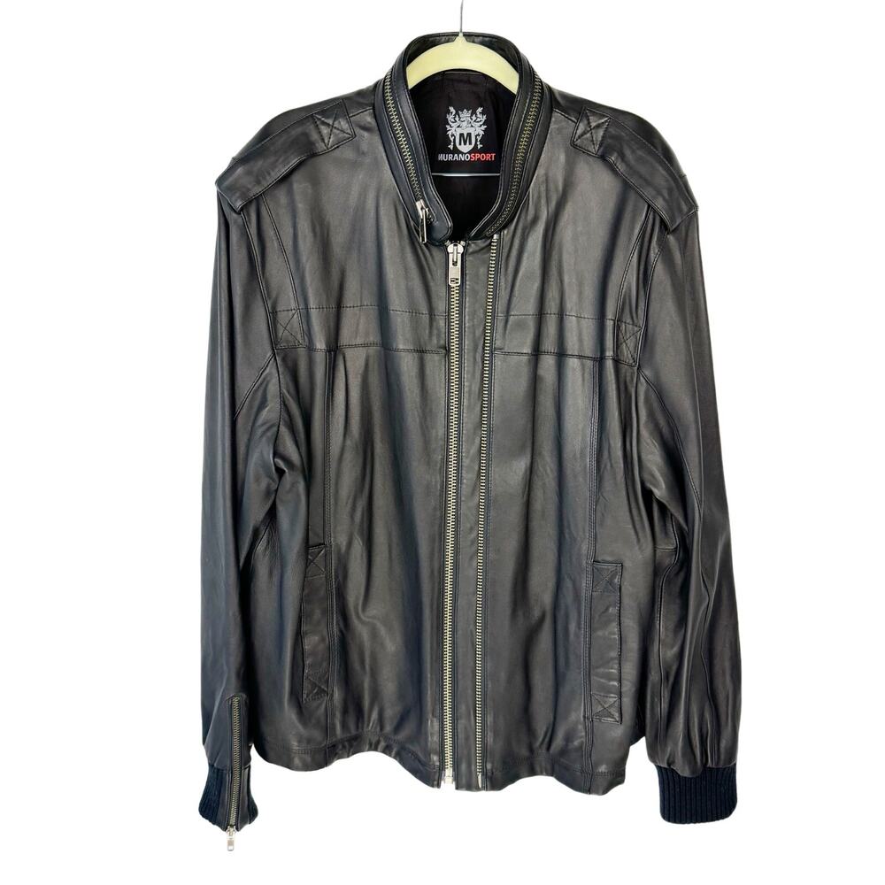 Murano Sport Black Soft Lamb Leather Moto Double Zip Knit Cuffs Jacket‎ Sz XL